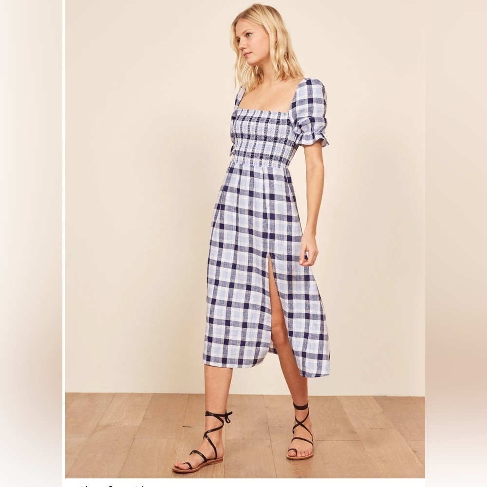 Reformation “Marbella” A-Line Short Sleeve Square Neck Blue Plaid Midi Dress XXS